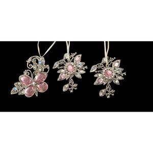 VTG 1994 Jeweled Pink Christmas Ornament 3 Filigree Butterflies & Flower